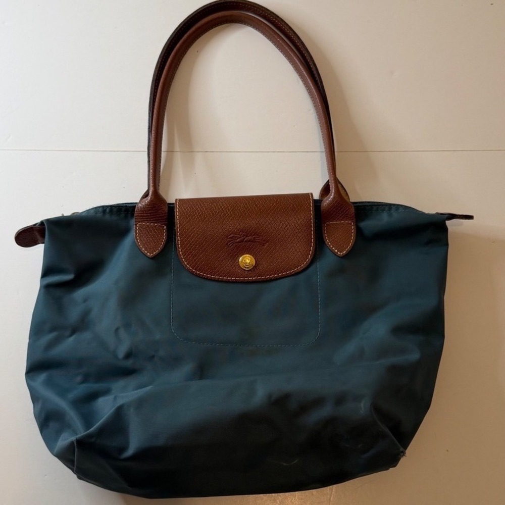 Longchamp Le Pliage Tote Bag Womens Large Teal Nylon Leather distressed